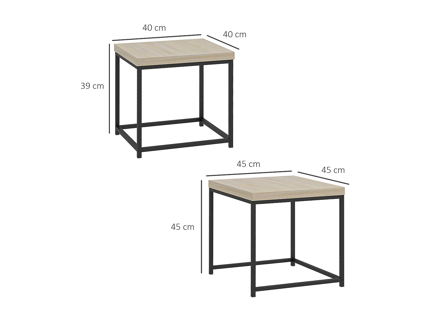 Lot de 2 tables basses gigognes carrées style contemporain - acier noir panneaux aspect chêne clair