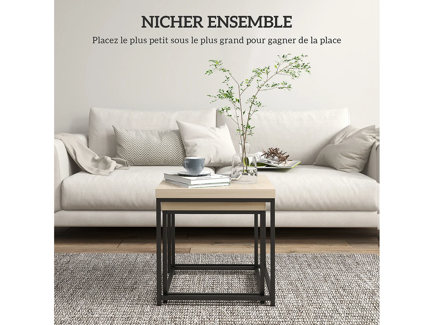 Lot de 2 tables basses gigognes carrées style contemporain - acier noir panneaux aspect chêne clair