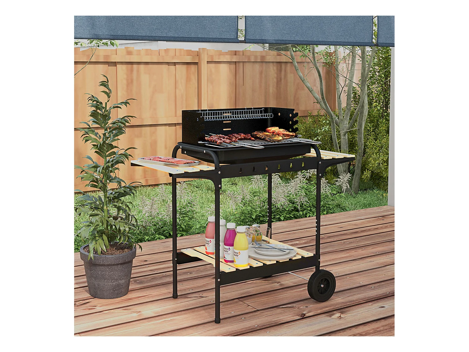 Barbecue à charbon sur pied grille réglable 2 roues 3 étagères récupérateur de cendres noir