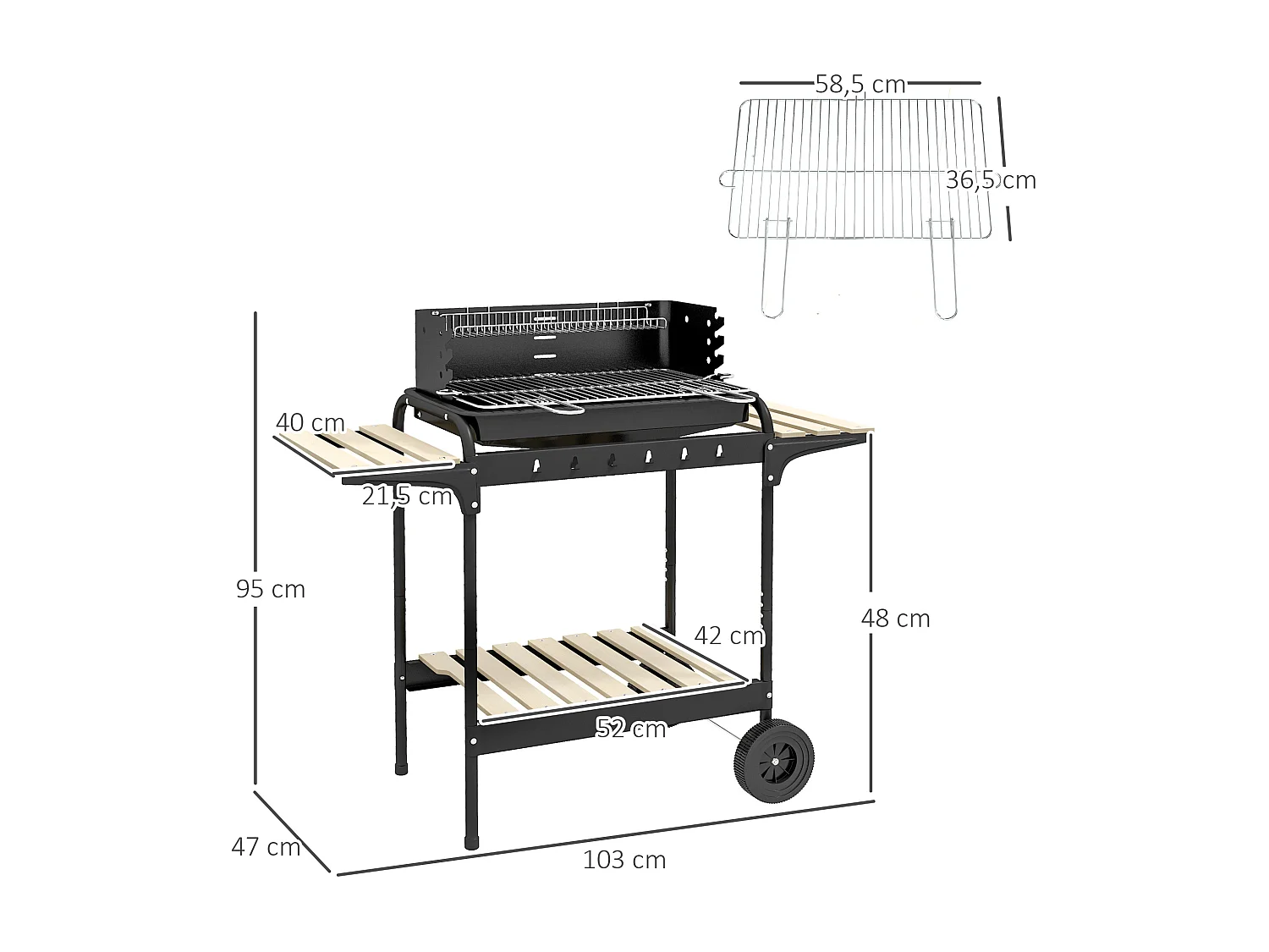 Barbecue à charbon sur pied grille réglable 2 roues 3 étagères récupérateur de cendres noir