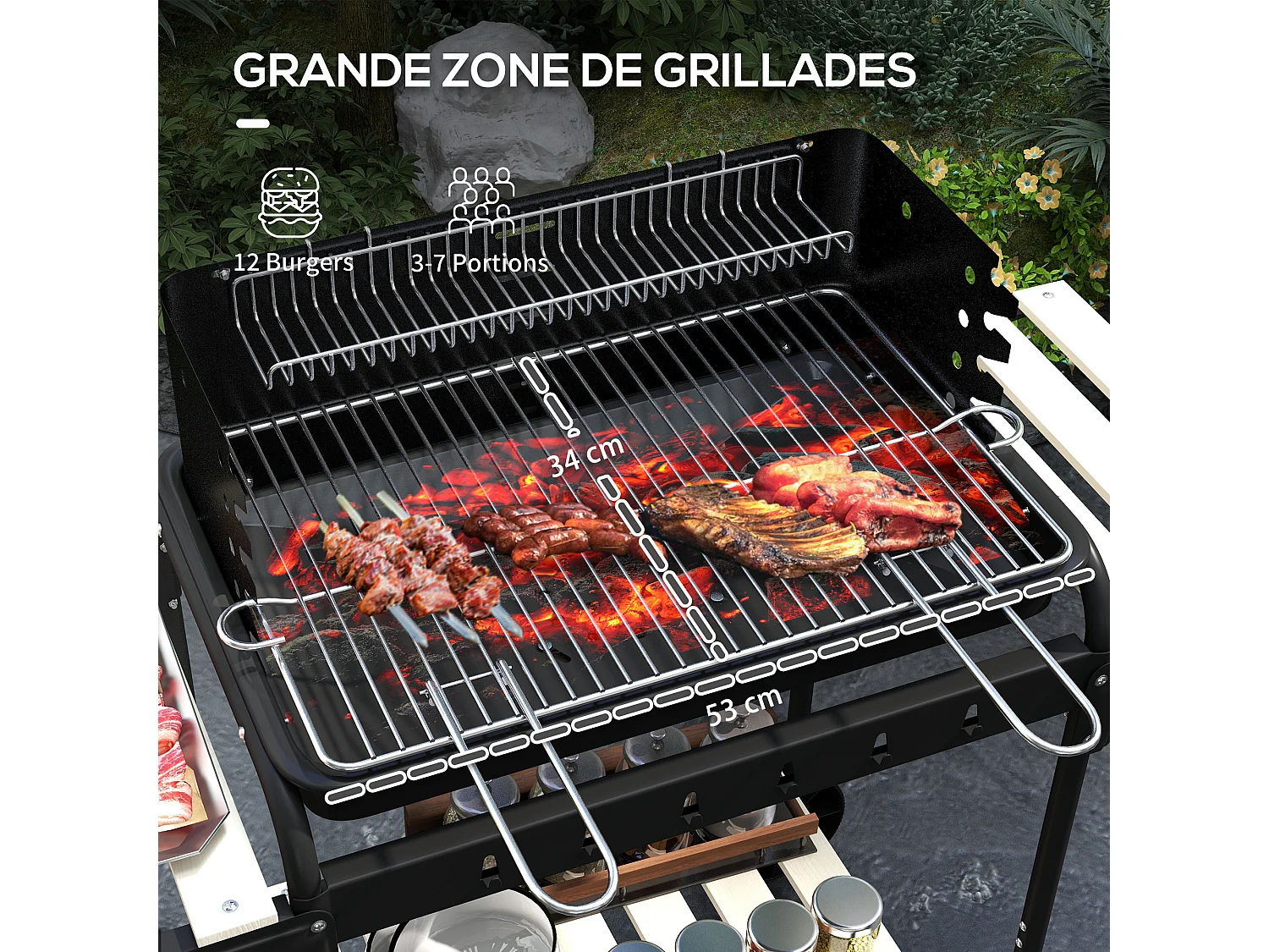 Barbecue à charbon sur pied grille réglable 2 roues 3 étagères récupérateur de cendres noir