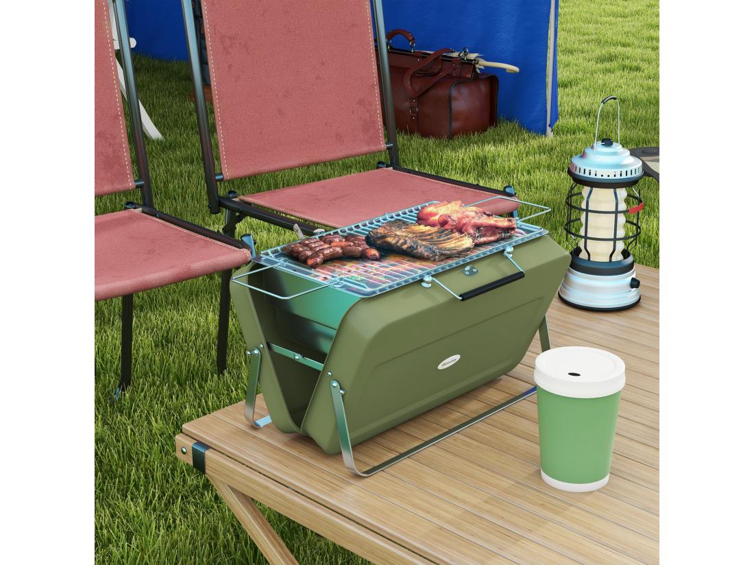 vente unique Mini barbecue à charbon portable pliable dim. 47L x 30l x 28H cm vert