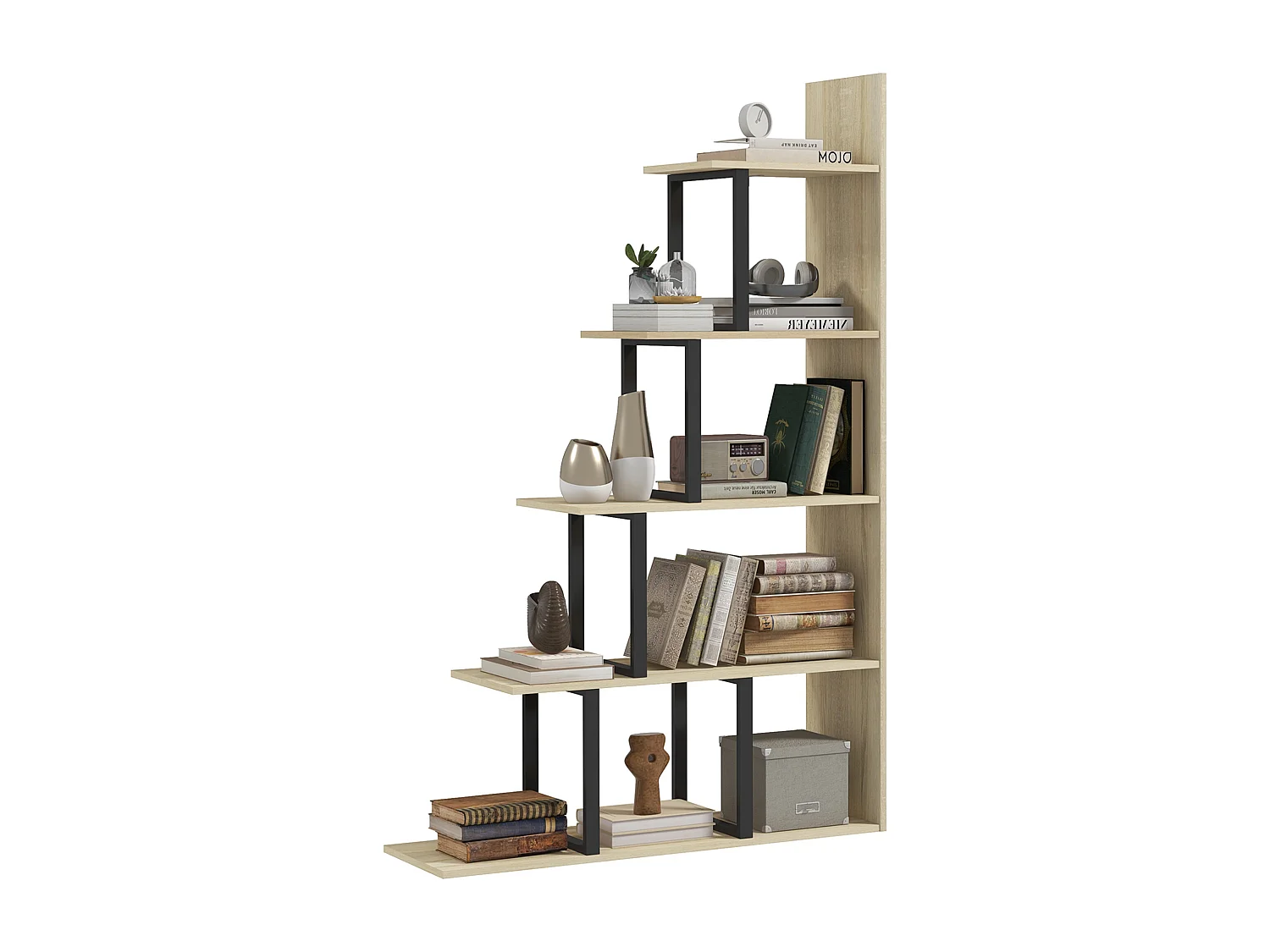 Étagère bibliothèque séparateur de pièce style industriel en escalier 5 étagères acier noir panneaux aspect bois chêne clair