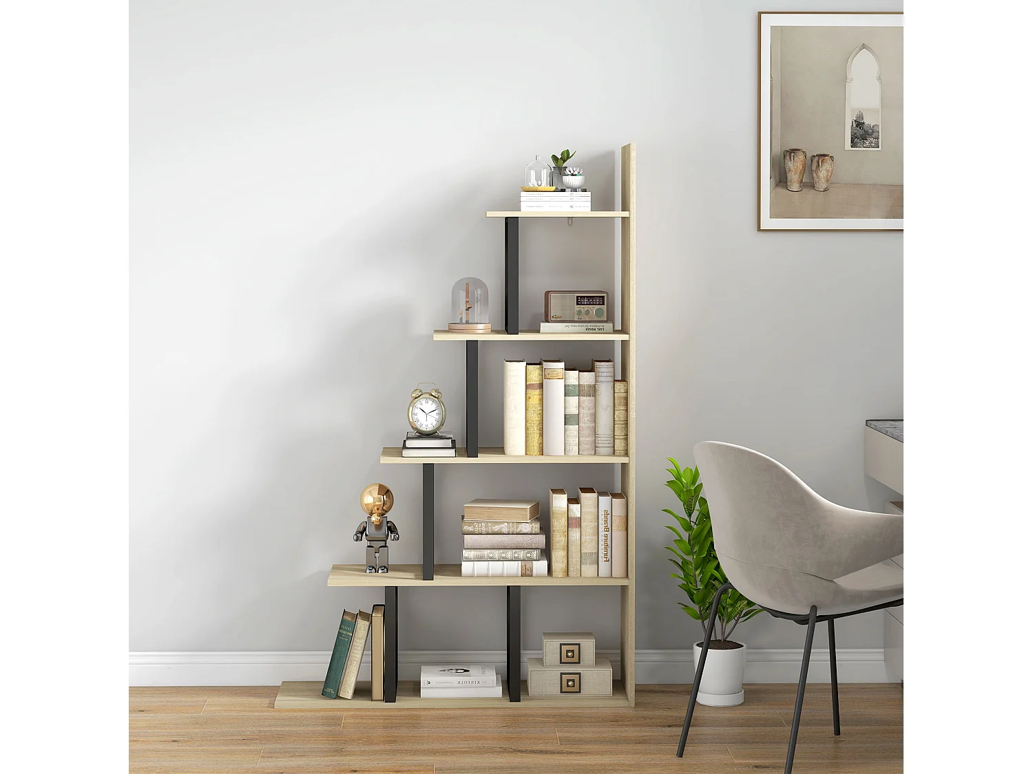 Étagère bibliothèque séparateur de pièce style industriel en escalier 5 étagères acier noir panneaux aspect bois chêne clair