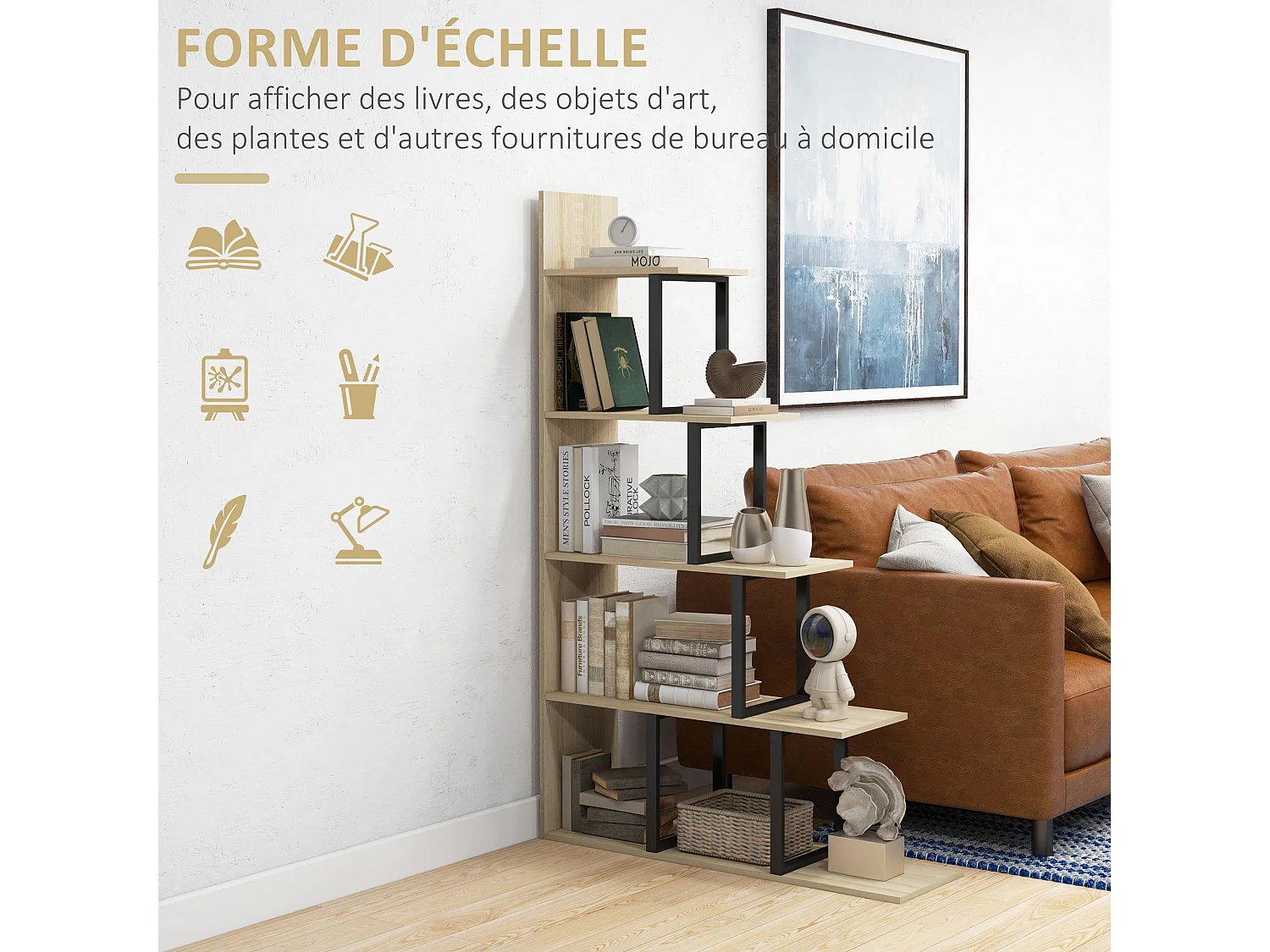 Étagère bibliothèque séparateur de pièce style industriel en escalier 5 étagères acier noir panneaux aspect bois chêne clair