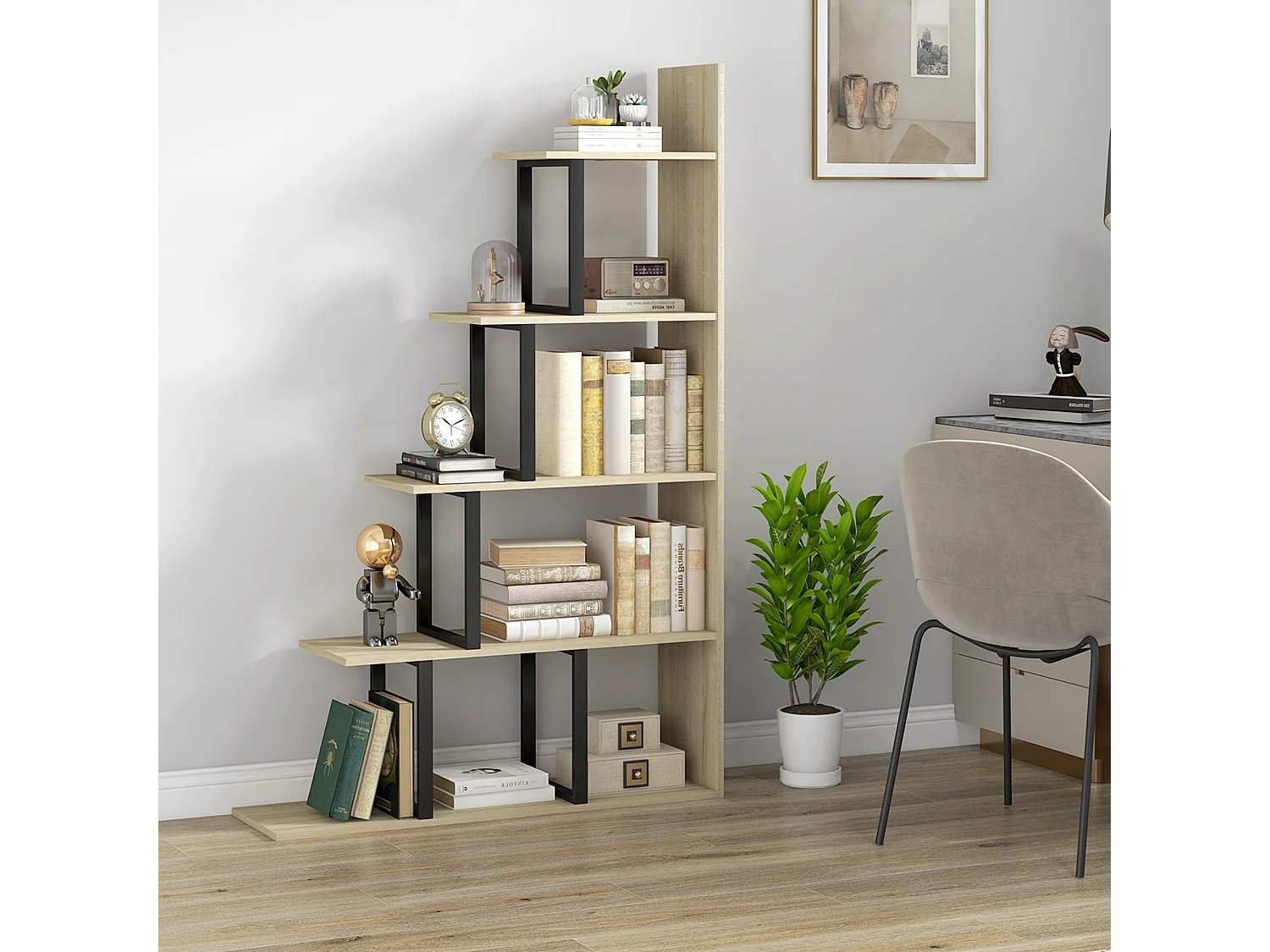 Étagère bibliothèque séparateur de pièce style industriel en escalier 5 étagères acier noir panneaux aspect bois chêne clair