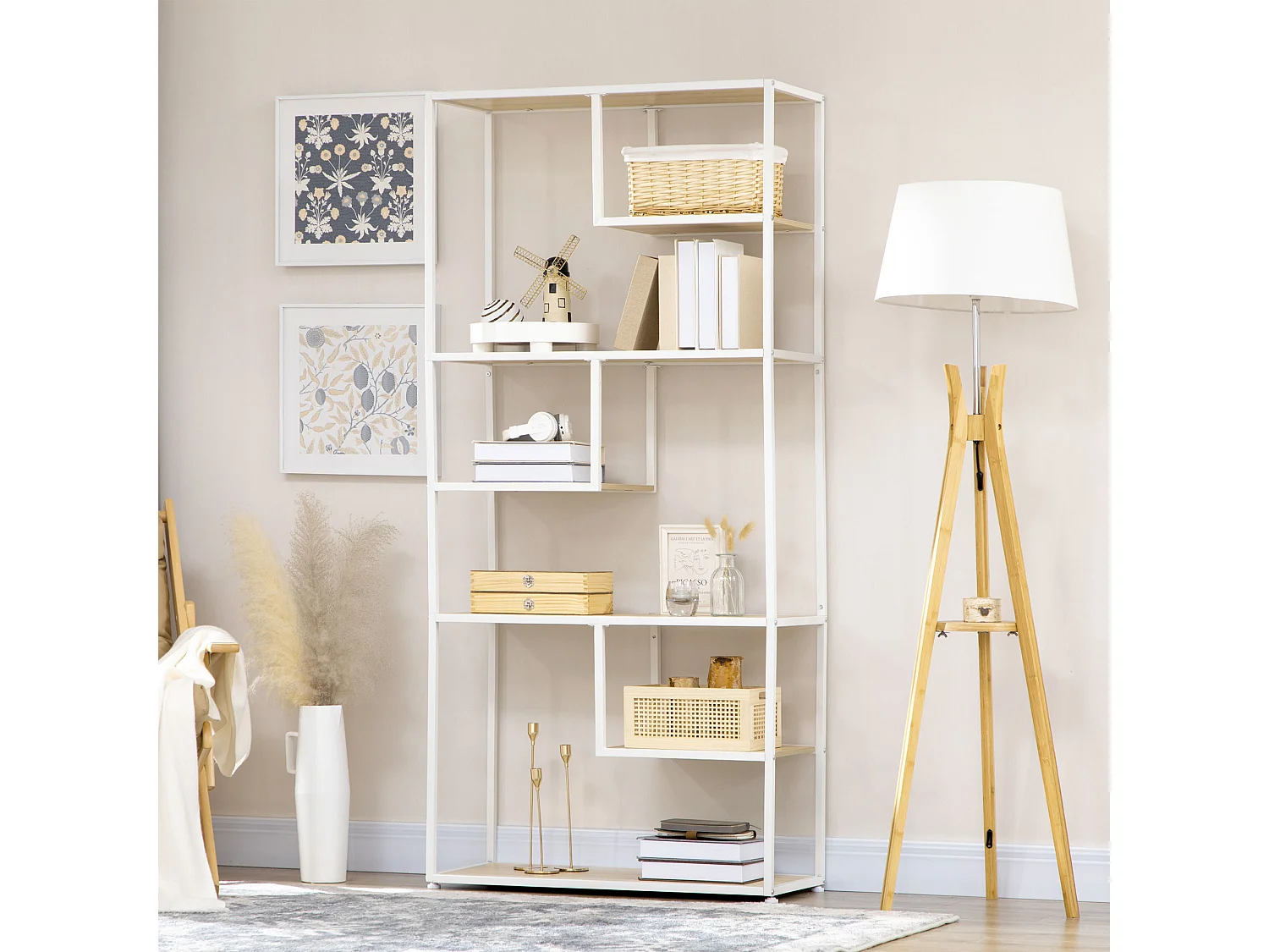 Bibliothèque étagère de rangement à 7 niveaux style industriel acier bois clair