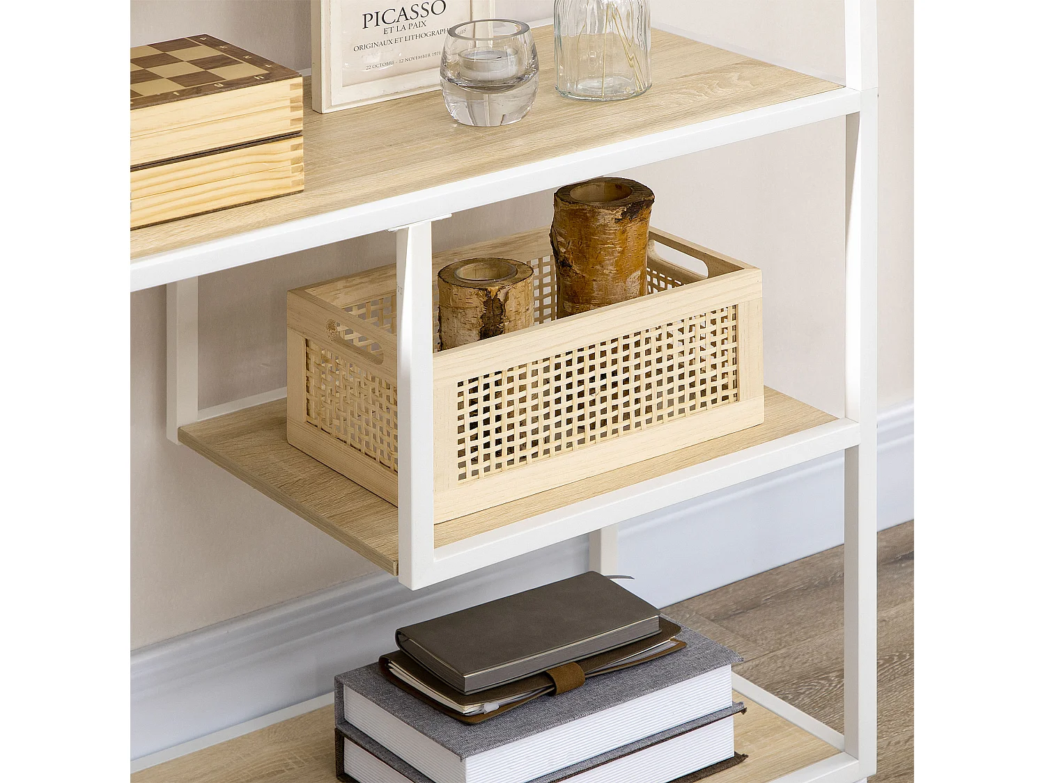 Bibliothèque étagère de rangement à 7 niveaux style industriel acier bois clair