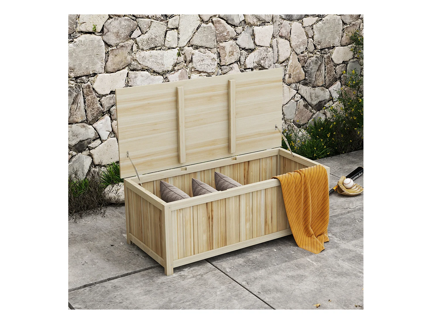 Coffre de rangement extérieur 172L avec vérins - dim. 120L x 55l x 45H cm - bois de sapin