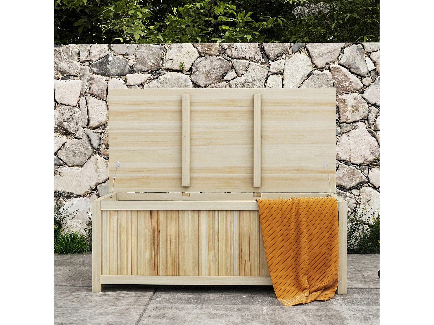 Coffre de rangement extérieur 172L avec vérins - dim. 120L x 55l x 45H cm - bois de sapin