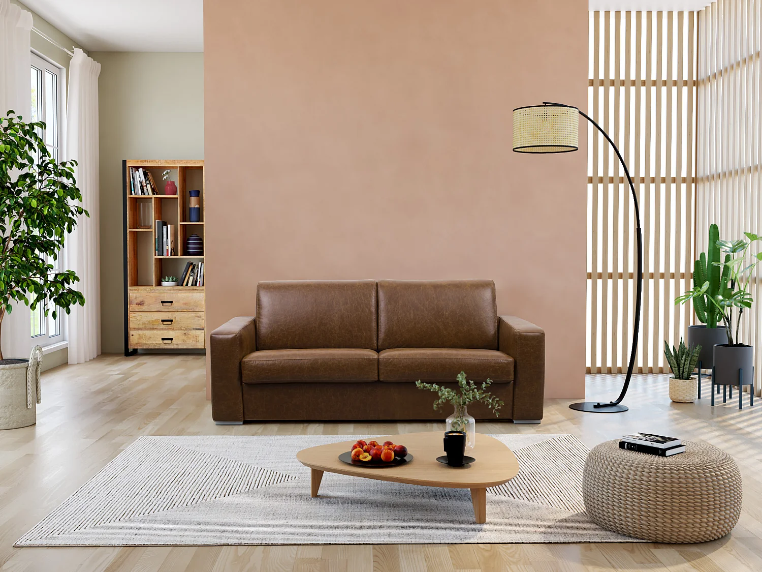 Bäddsoffa 4-sits med bäddmadrass i 100% äkta buffelläder i vintagekaramell 20 cm madrass - DELECTEA II