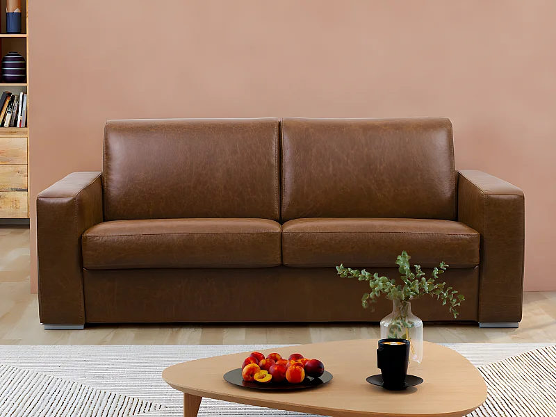 Bäddsoffa 4-sits med bäddmadrass i 100% äkta buffelläder i vintagekaramell 20 cm madrass - DELECTEA II