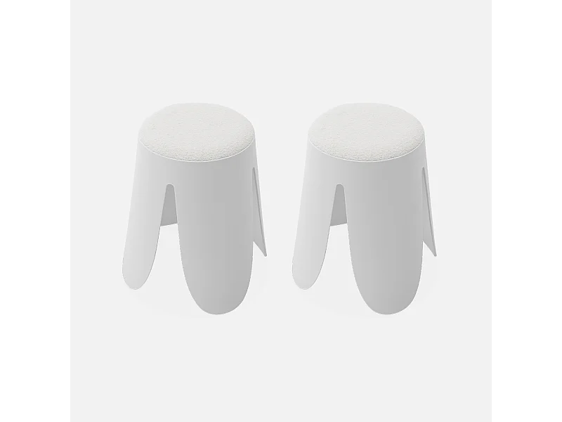 Set de 2 tabourets empilables blancs. bouclette texturée. NIKI. Ø30 / 44 x H46cm