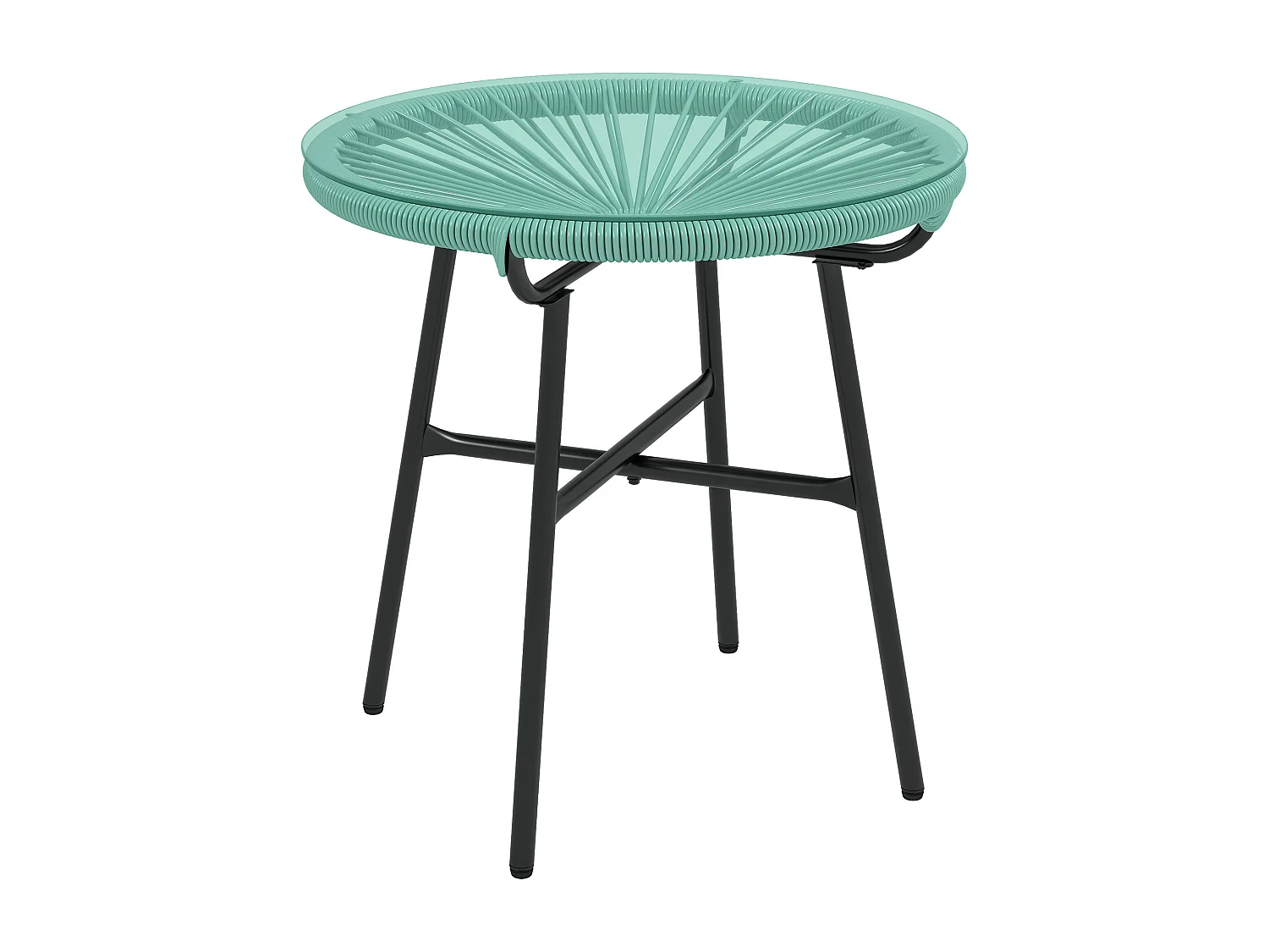 Table basse ronde de jardin en résine aspect rotin métal et plateau verre trempé Ø 50 x 50H cm vert turquoise