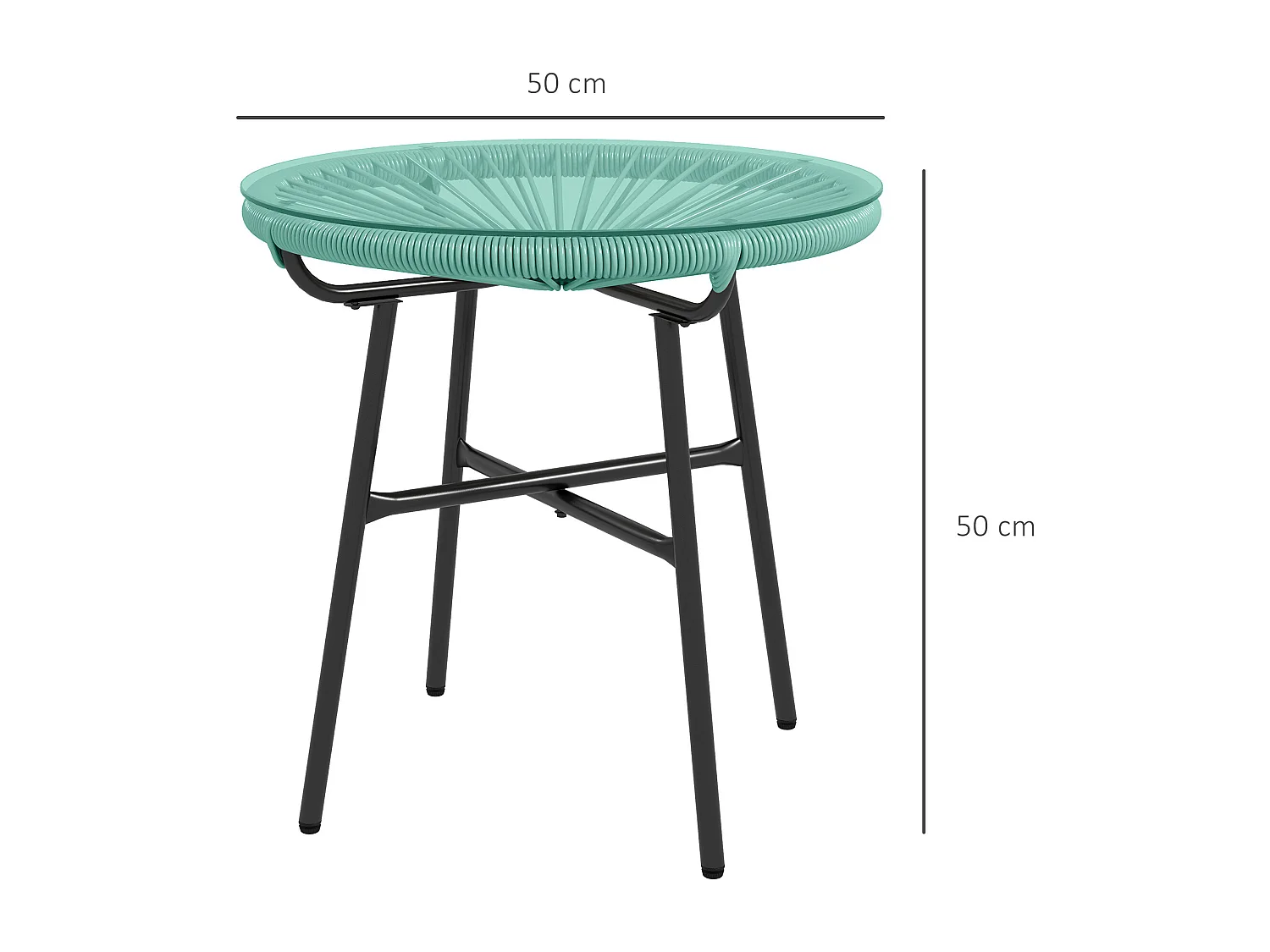 Table basse ronde de jardin en résine aspect rotin métal et plateau verre trempé Ø 50 x 50H cm vert turquoise