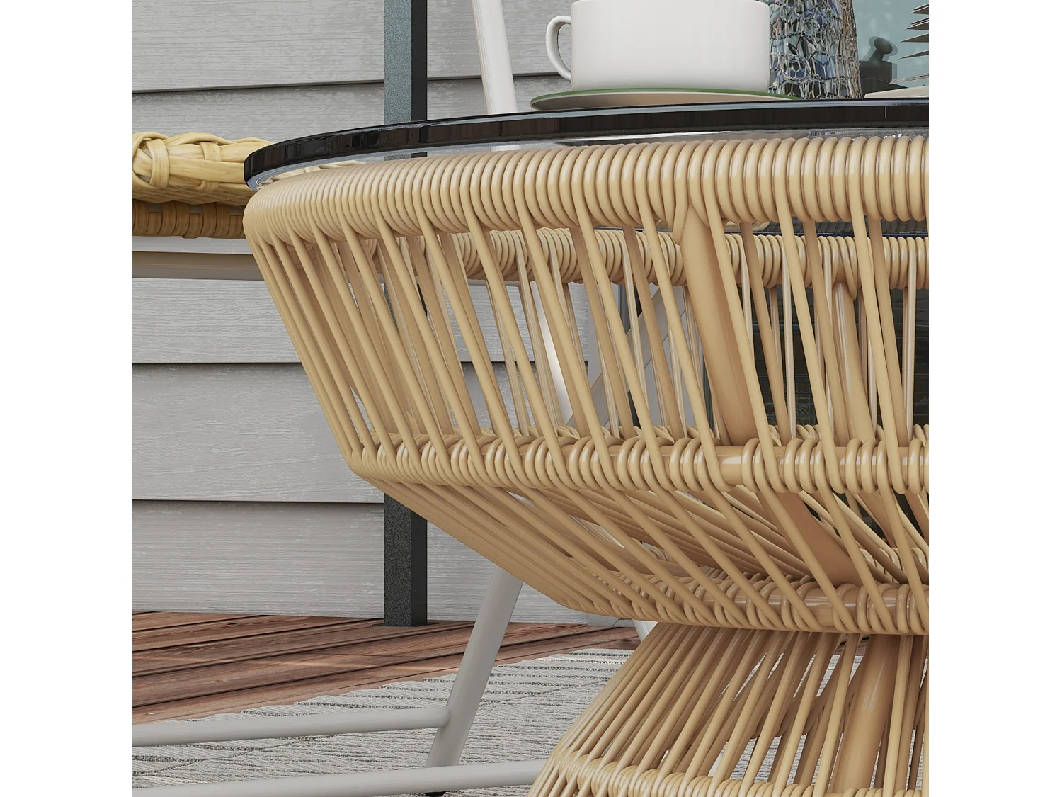 Table basse de jardin ronde résine aspect rotin plateau verre