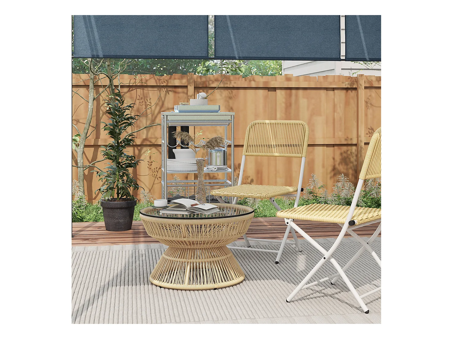 Table basse de jardin ronde résine aspect rotin plateau verre