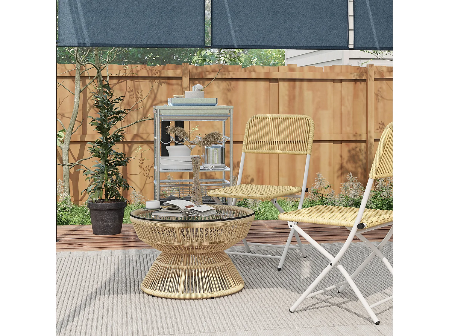 Table basse de jardin ronde résine aspect rotin plateau verre