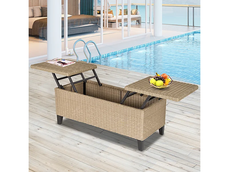 Table basse de jardin style cosy chic - table basse relevable - métal époxy résine tressée imitation rotin beige