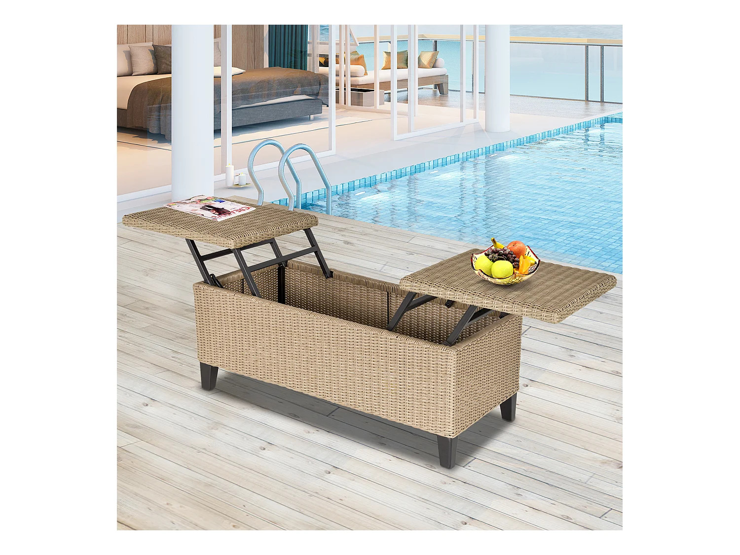 Table basse de jardin style cosy chic - table basse relevable - métal époxy résine tressée imitation rotin beige