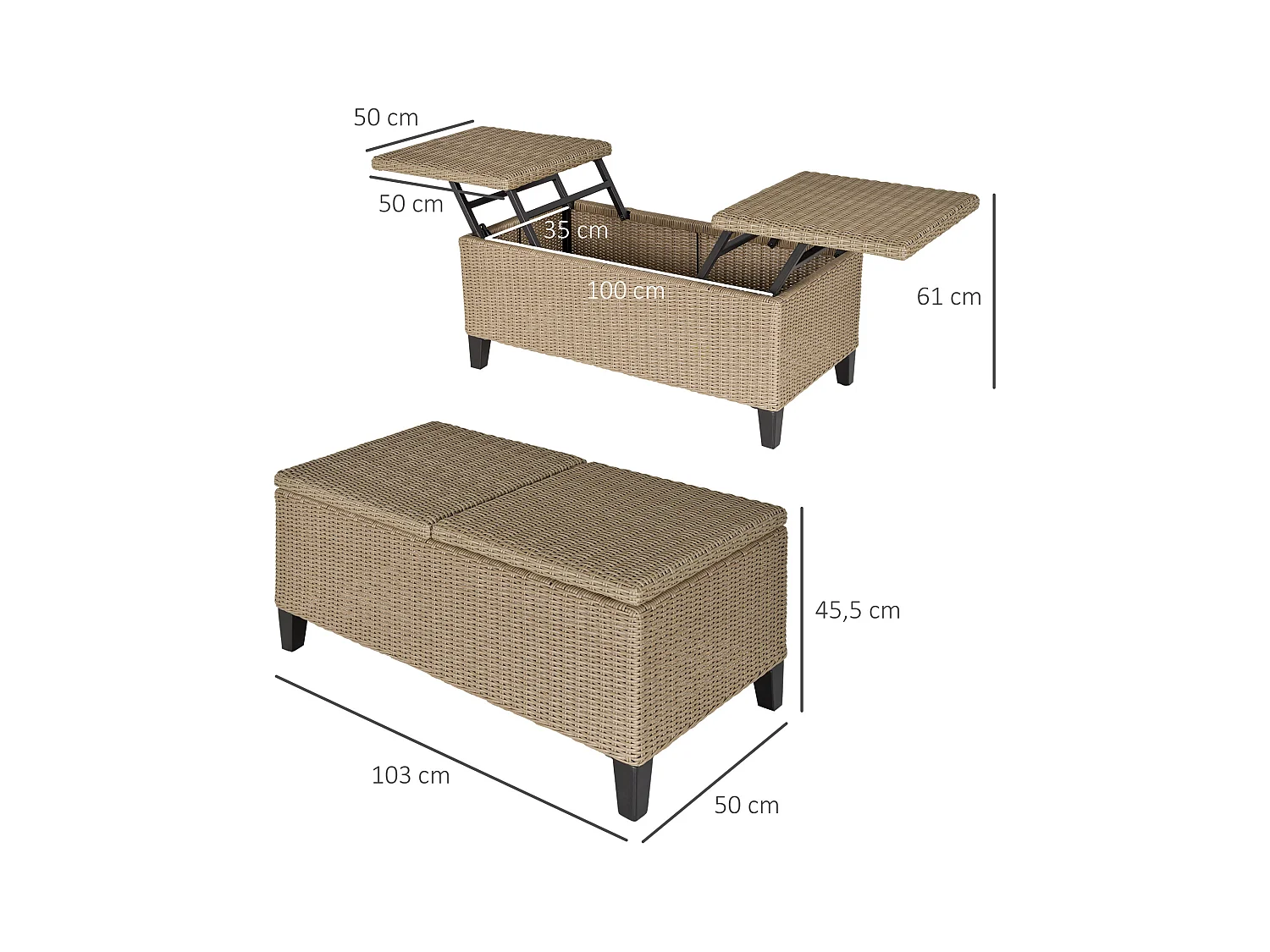 Table basse de jardin style cosy chic - table basse relevable - métal époxy résine tressée imitation rotin beige