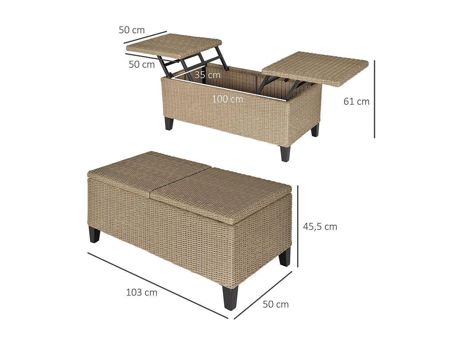 Table basse de jardin style cosy chic - table basse relevable - métal époxy résine tressée imitation rotin beige