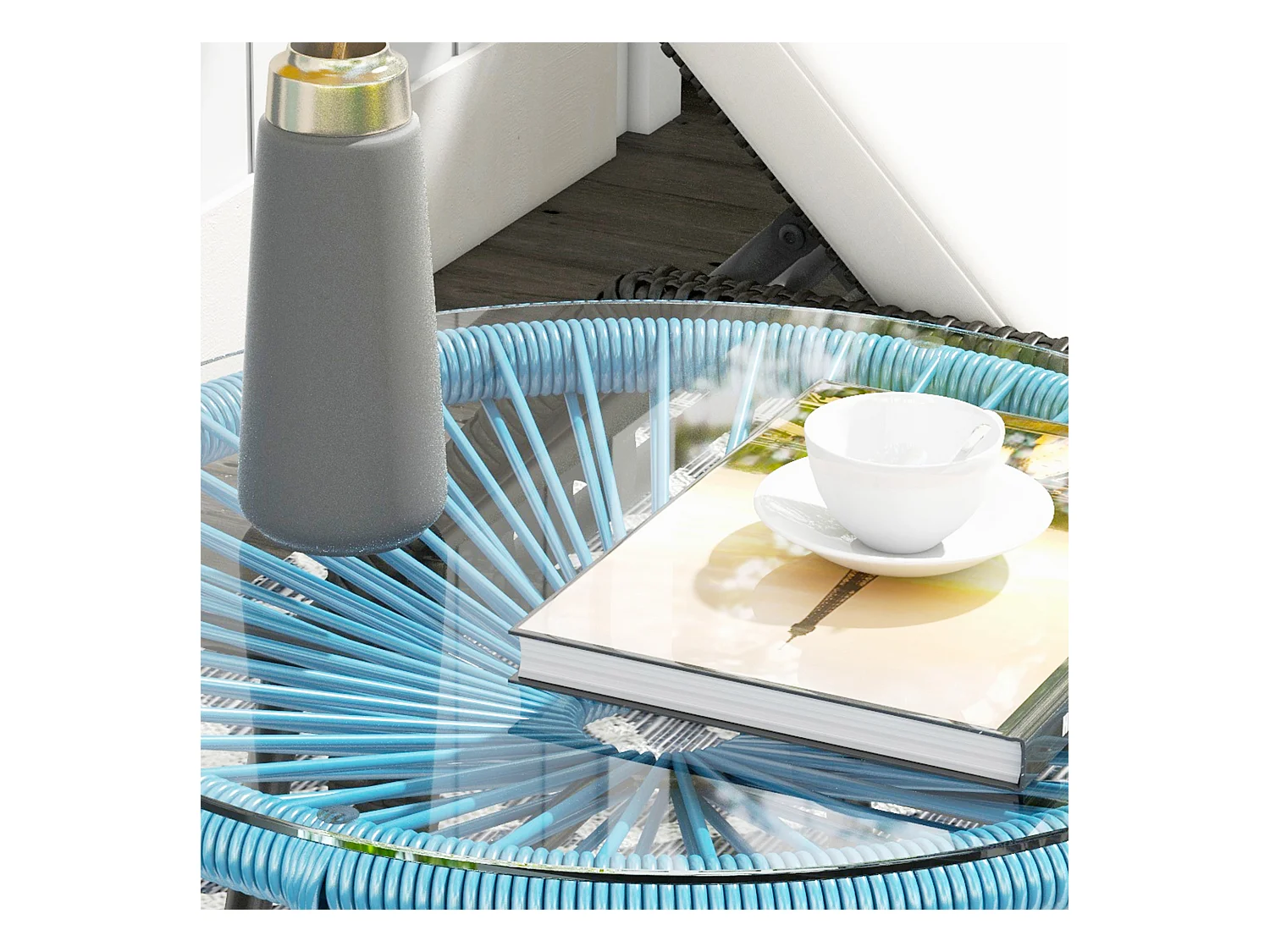 Table basse ronde de jardin en résine aspect rotin métal et plateau verre trempé Ø 50 x 50H cm bleu