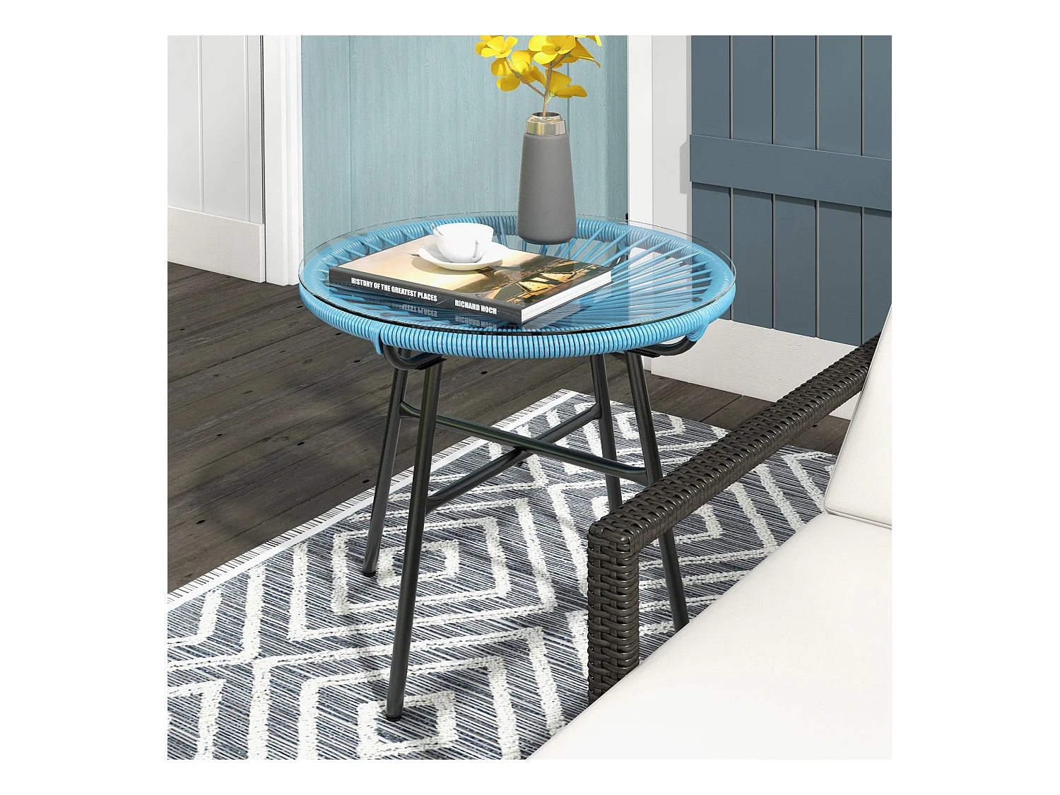 Table basse ronde de jardin en résine aspect rotin métal et plateau verre trempé Ø 50 x 50H cm bleu