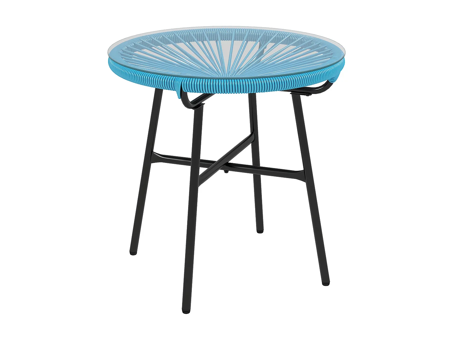 Table basse ronde de jardin en résine aspect rotin métal et plateau verre trempé Ø 50 x 50H cm bleu