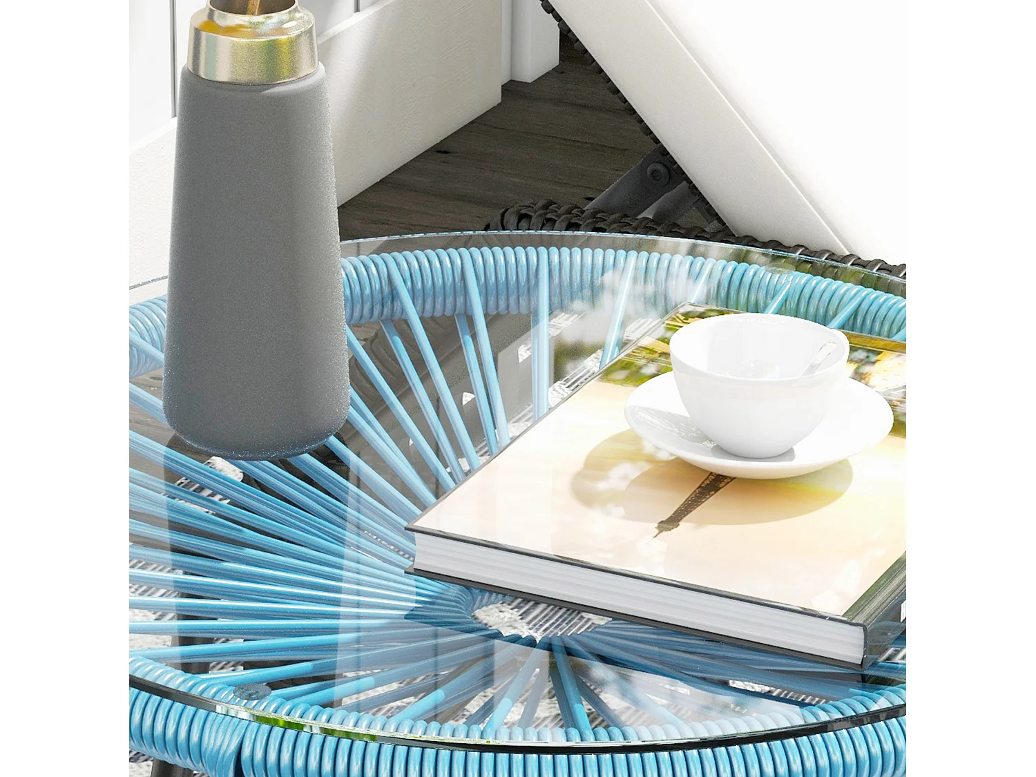 Table basse ronde de jardin en résine aspect rotin métal et plateau verre trempé Ø 50 x 50H cm bleu