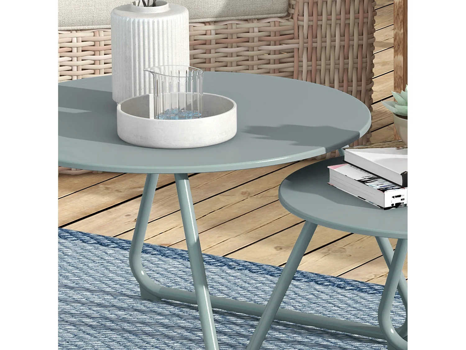 Lot de 2 tables basses gigognes de jardin métal époxy bleu