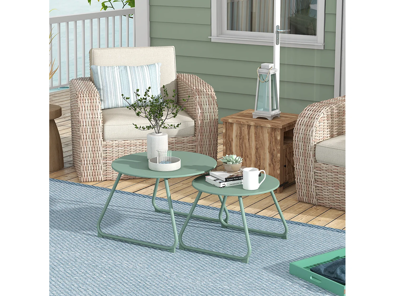 Lot de 2 tables basses gigognes de jardin métal époxy vert