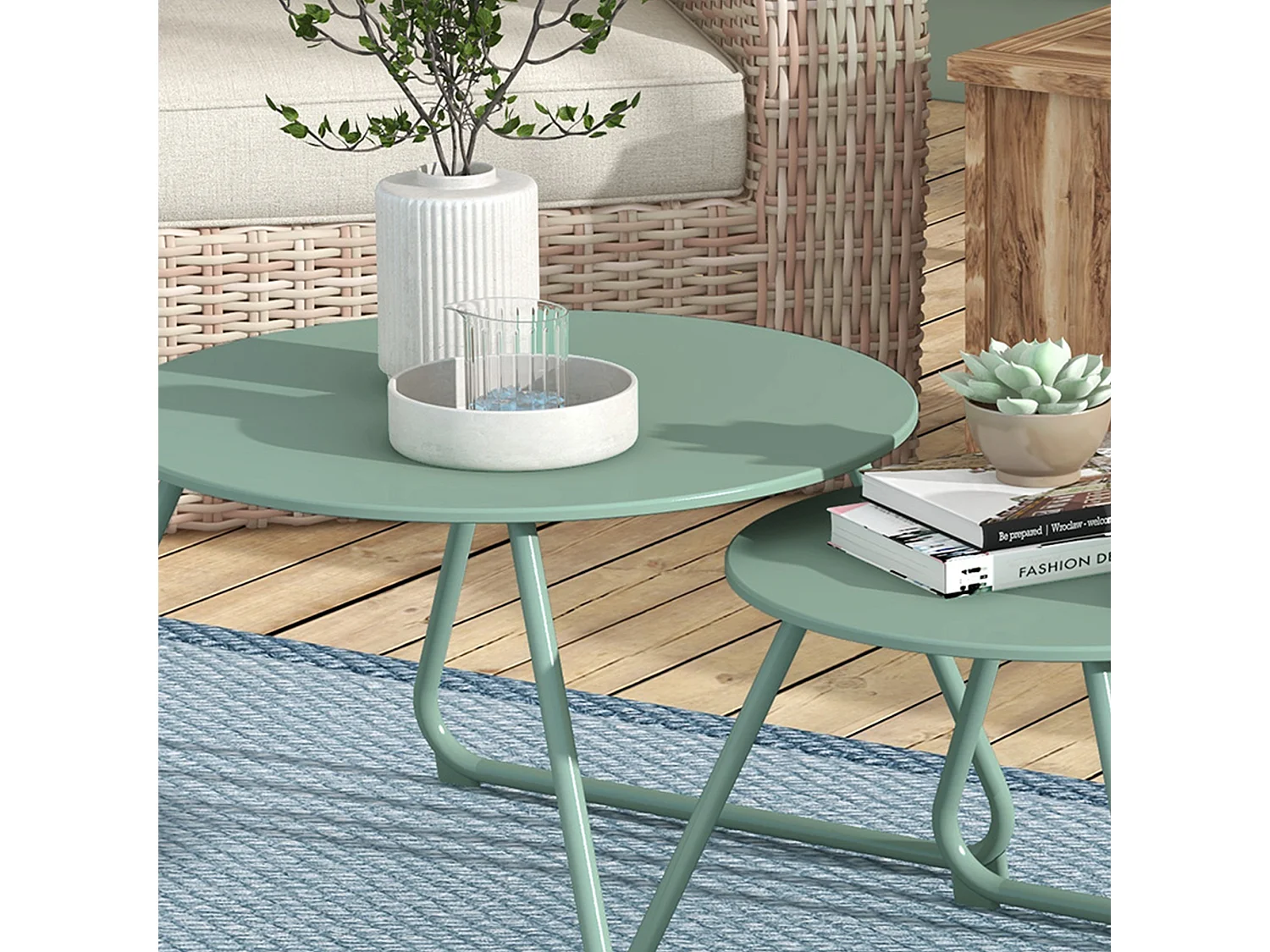 Lot de 2 tables basses gigognes de jardin métal époxy vert