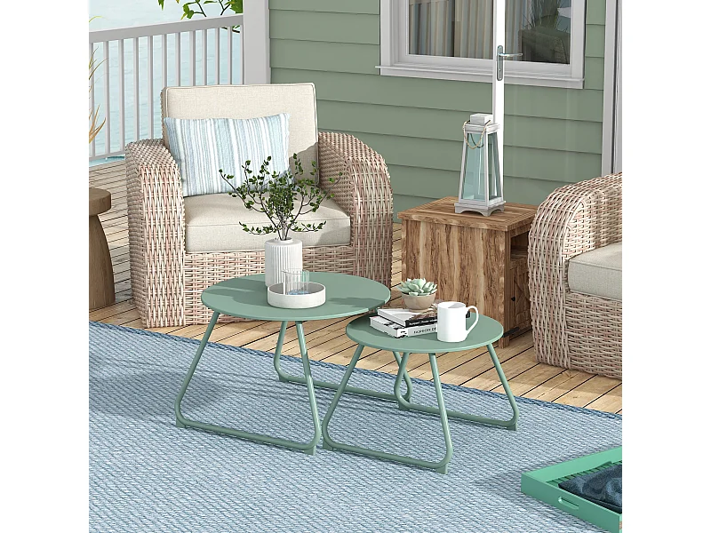 Lot de 2 tables basses gigognes de jardin métal époxy vert