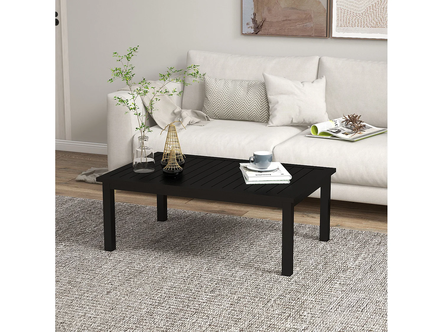 Table basse rectangulaire de jardin plateau à lattes dim. 100L x 60l x 37H cm pieds antidérapants alu noir
