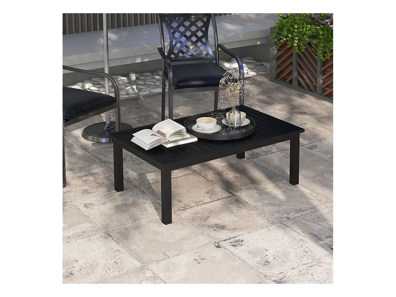 Table basse rectangulaire de jardin plateau à lattes dim. 100L x 60l x 37H cm pieds antidérapants alu noir