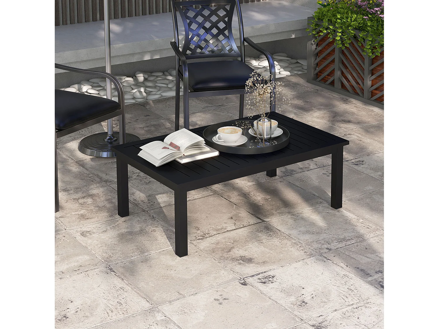 Table basse rectangulaire de jardin plateau à lattes dim. 100L x 60l x 37H cm pieds antidérapants alu noir
