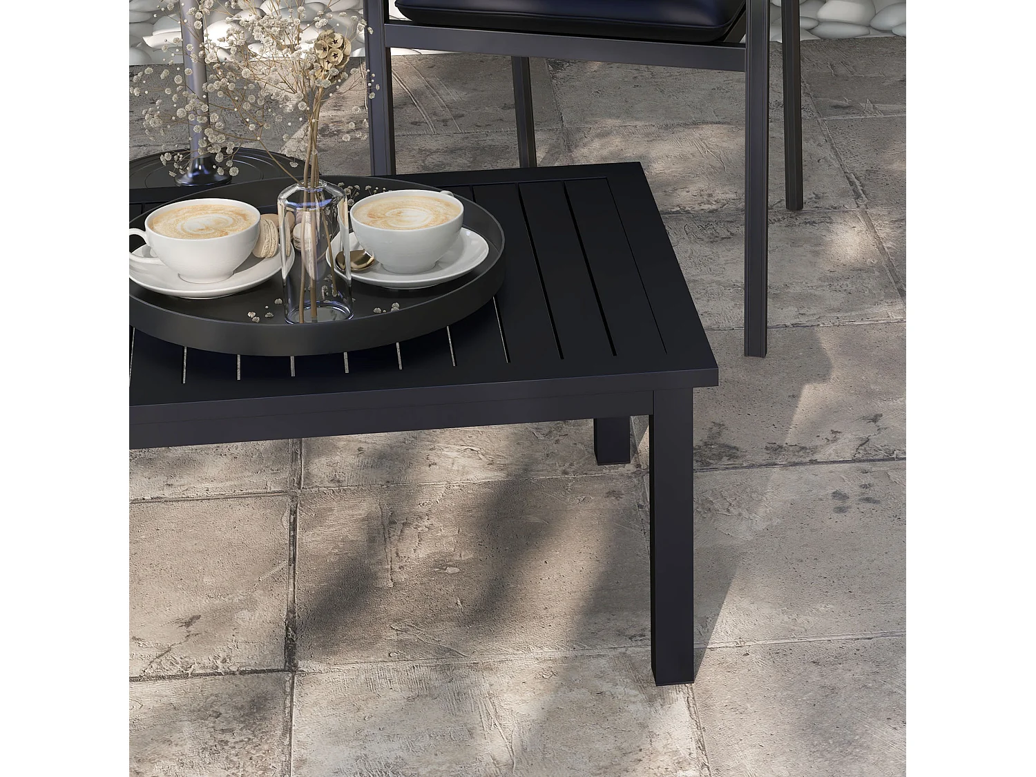 Table basse rectangulaire de jardin plateau à lattes dim. 100L x 60l x 37H cm pieds antidérapants alu noir