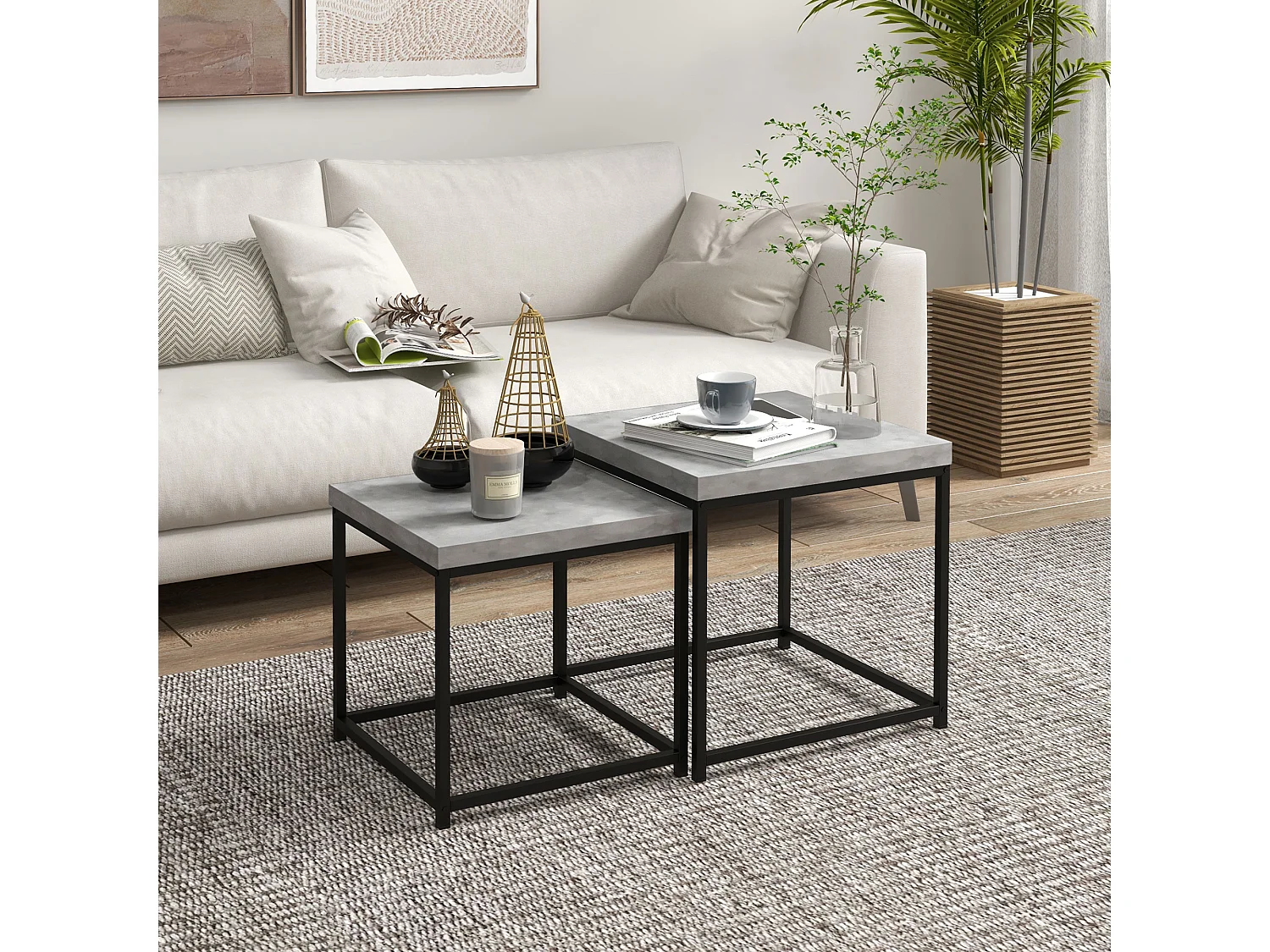 Lot de 2 tables basses gigognes carrées style contemporain - acier noir panneaux aspect béton ciré