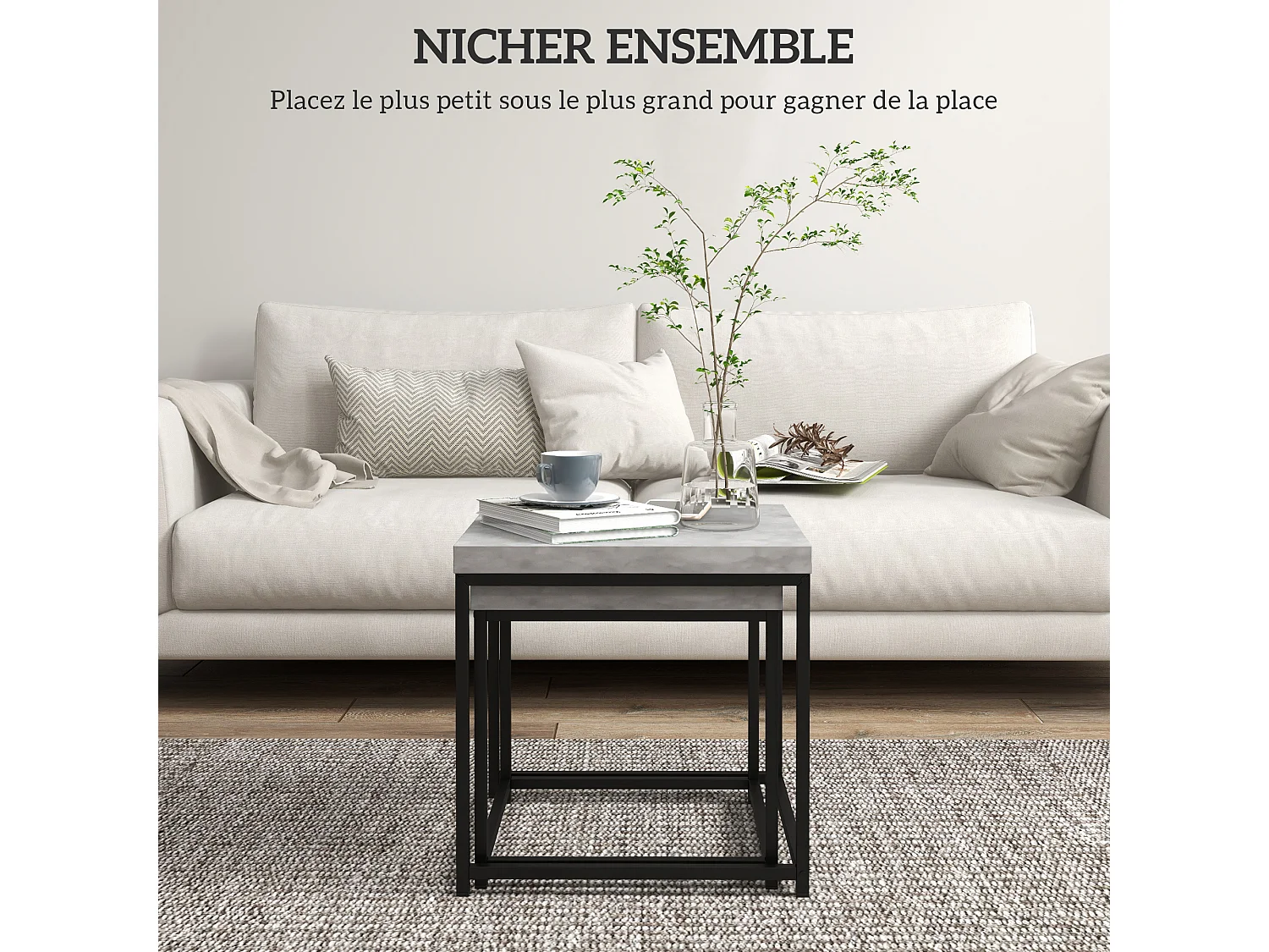 Lot de 2 tables basses gigognes carrées style contemporain - acier noir panneaux aspect béton ciré