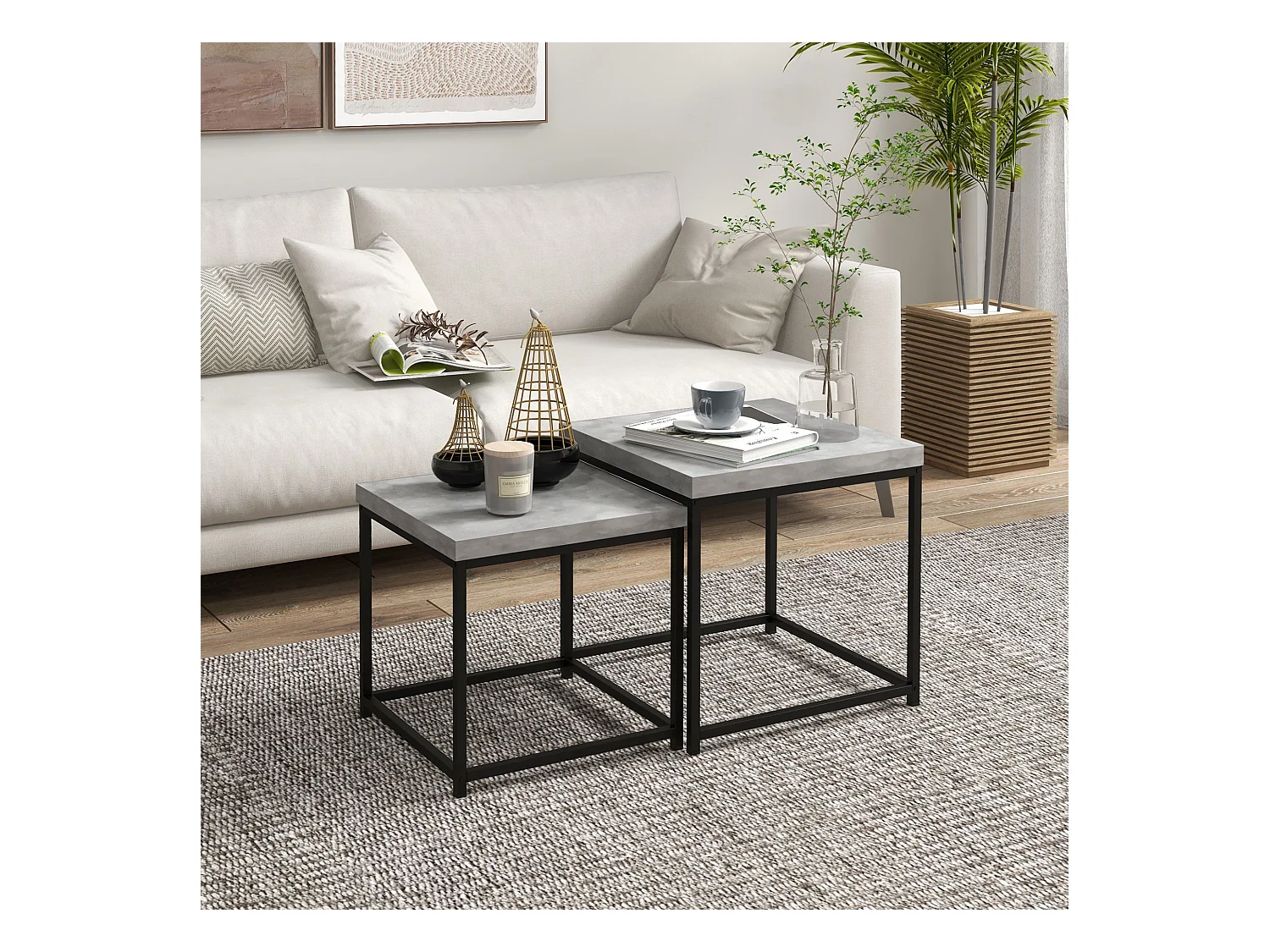 Lot de 2 tables basses gigognes carrées style contemporain - acier noir panneaux aspect béton ciré