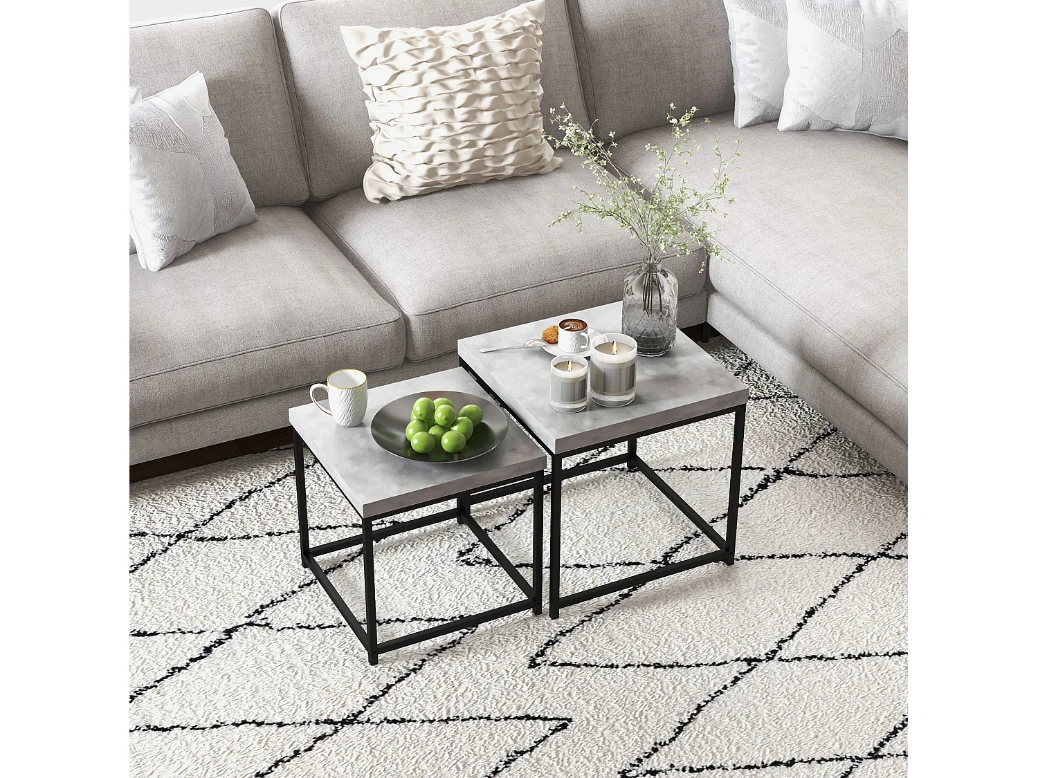 Lot de 2 tables basses gigognes carrées style contemporain - acier noir panneaux aspect béton ciré