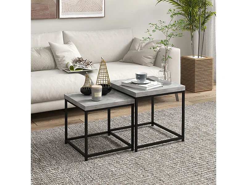 Lot de 2 tables basses gigognes carrées style contemporain - acier noir panneaux aspect béton ciré