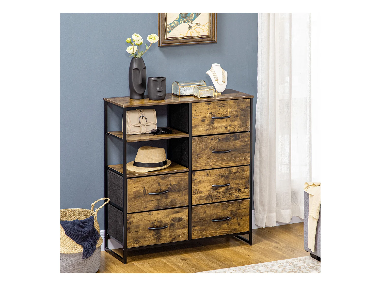Buffet design industriel - 6 tiroirs, 2 niches, plateau - châssis acier noir MDF aspect bois avec veinage
