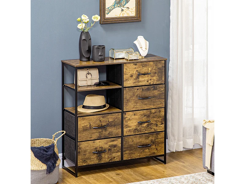 Buffet design industriel - 6 tiroirs, 2 niches, plateau - châssis acier noir MDF aspect bois avec veinage