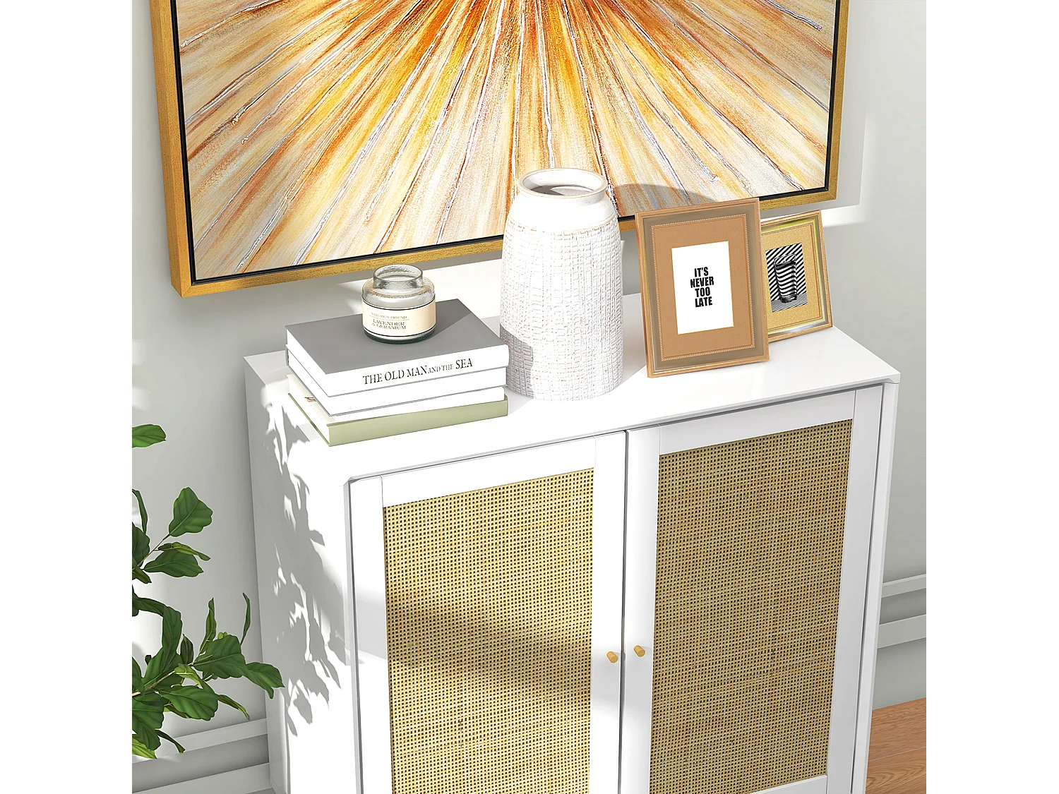 Buffet 2 portes étagère réglable style bohème chic cannage en rotin panneaux MDF blanc