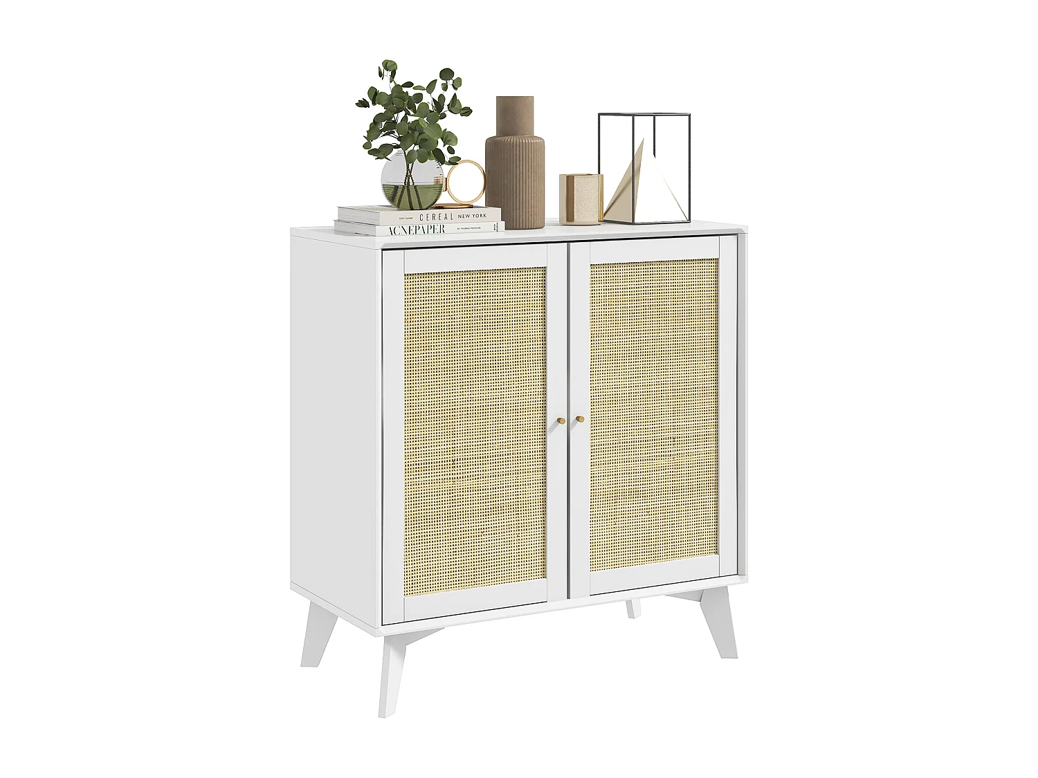 Buffet 2 portes étagère réglable style bohème chic cannage en rotin panneaux MDF blanc