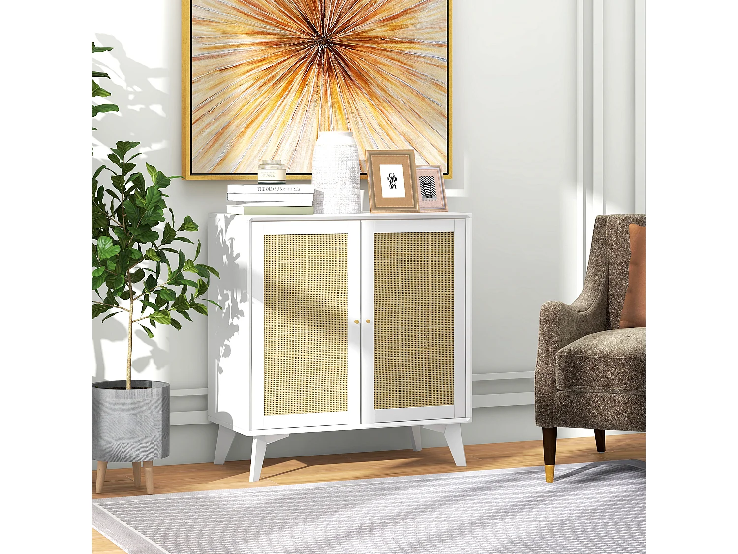 Buffet 2 portes étagère réglable style bohème chic cannage en rotin panneaux MDF blanc