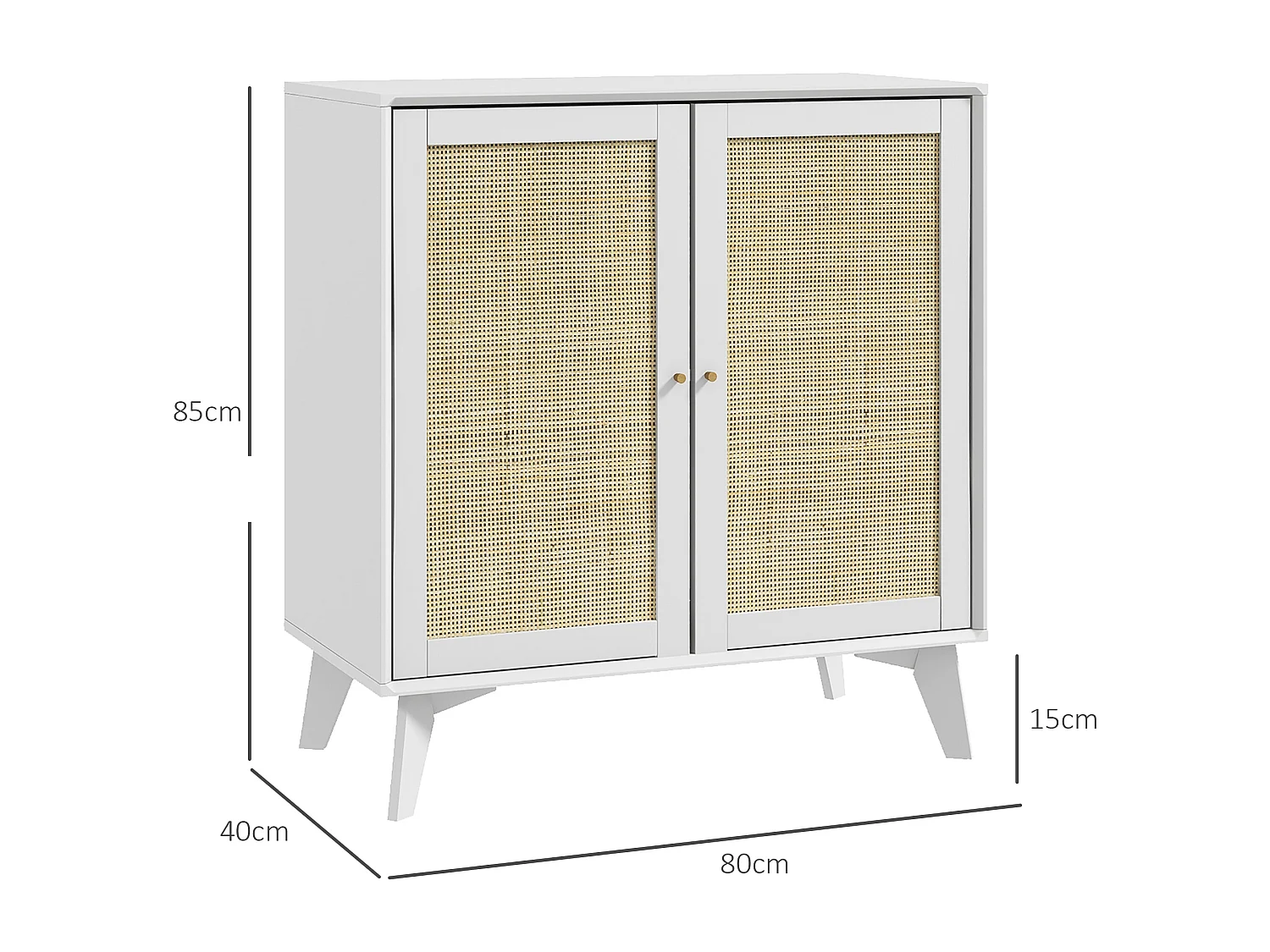 Buffet 2 portes étagère réglable style bohème chic cannage en rotin panneaux MDF blanc