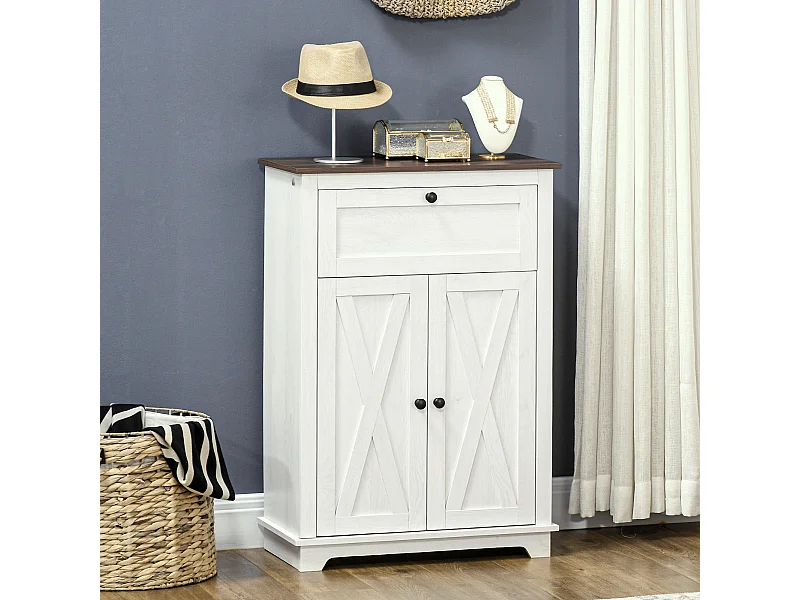 Buffet 2 portes étagère tiroir coulissant style rural chic façades portes à croisillons poignées métal noir blanc aspect bois